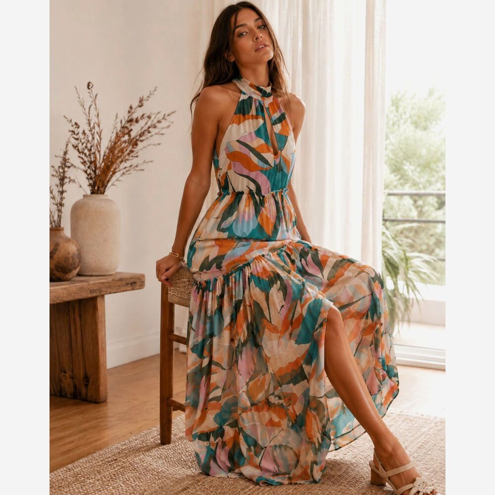 Anthropologie Maeve Keyhole Halter Maxi Dress XL Vacation Resort Boho Tropical